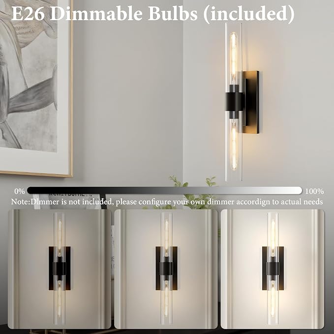 Black Brass Bathroom Wall Sconce: Modern Linear Dimmable Lighting Fixtures | Clear Glass Tube Light, Vertical or Horizontal Mounted Vanity Sconces for Indoor Living Room Hallway Bedroom Decor