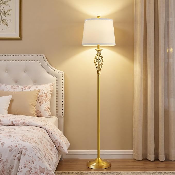 EJIAXIN Floor Lamps for Living Room - 62" Farmhouse Vintage Standing Lamp for Bedroom with Adjustable Color Temperatures,Gold Tall Lamp with Linen Shade,Reading Light for Home Office,Bulb Included