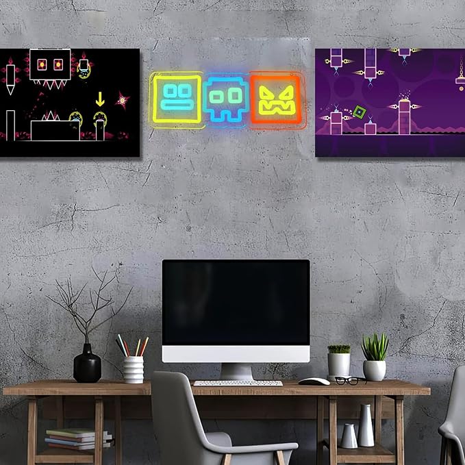 Colorful Arcade Geomotry Cube Neon Sign Rhythm Platform Game | USB Powered Dimmable Neon wall decor for game room, bedroom, streamer setup gift for rhythm platform game lovers 14*5 inch