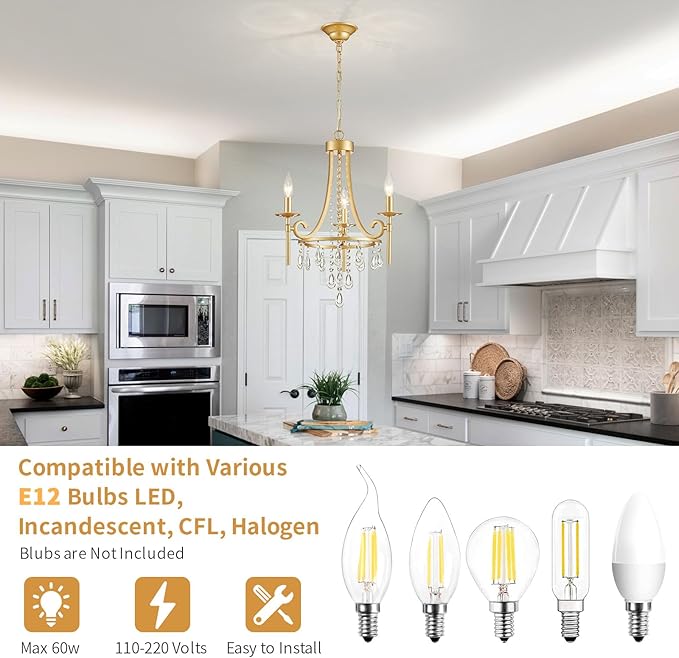 Small Crystal Chandelier, 3-Lights Modern Crystal Chandeliers for Dinning Room, Wagon Wheel Gold Chandelier, Farmhouse Hanging Pendant Light Fixture for Bedroom Hallway Entryway Bar Kitchen Bathroom