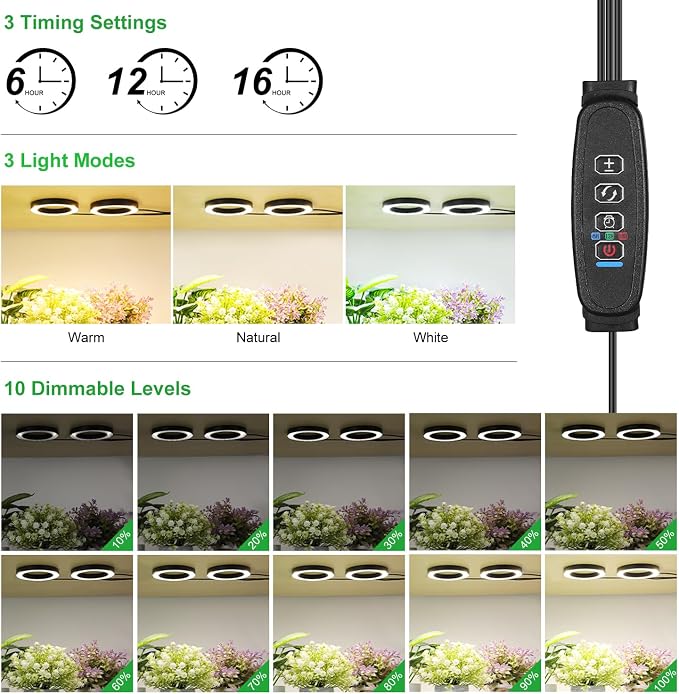 4.72in Black Indoor Plant Grow Lights, Full Spectrum Grow Lamp, 60 LEDs Warm White 2 Head Black Metal Angel Ring for Ceiling Cabinets & Shelf, 6/12/16H Timer, 3 Modes, 10 Levels