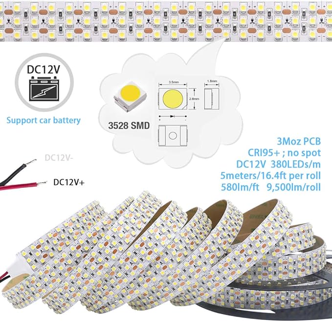 High CRl 95 LED Strip Lights 6000K Daylight White, DC12V Brightest Triple Row 1800LEDs 3528 Full Spectrum LED Strip for Photography & Display (12V 6000K 5m/16.4', Non-waterproof IP20)