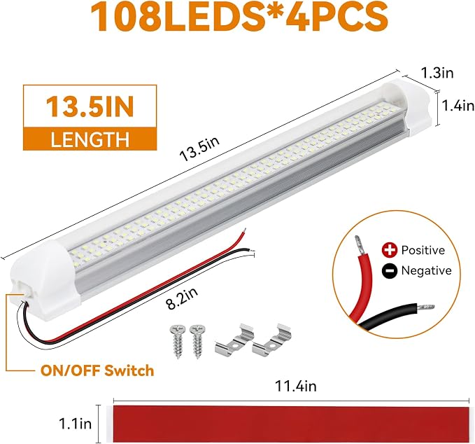 RVZONE 12v LED Interior Light Bar | 108LEDs 1600LM 6W DC 12 Volt led Strip Lights Enclosed Trailer Lights Fixture for Camper Truck Van RV Trailer Cargo Cabient Lights Fixture Motorhome Lorry (4Pack)