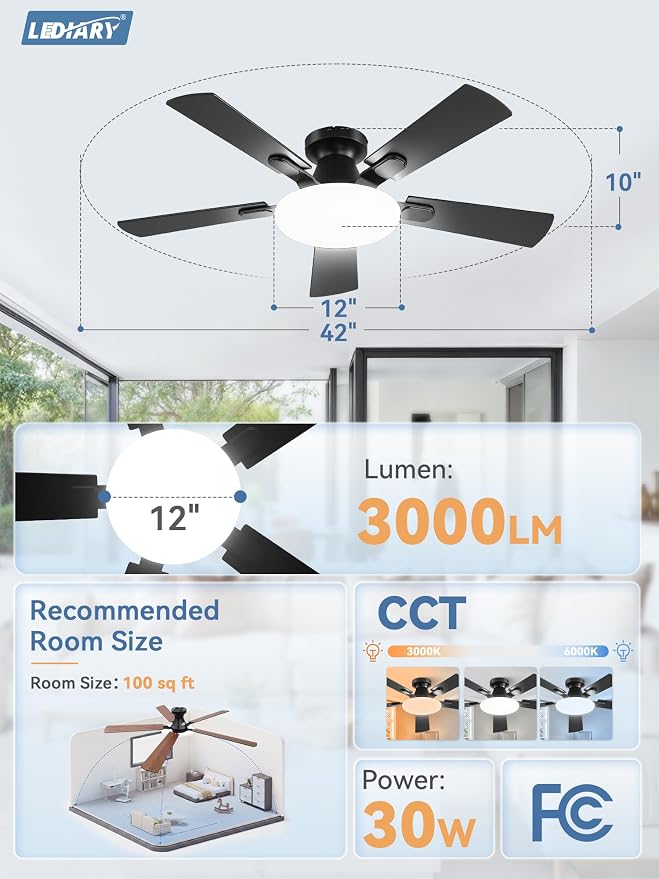 LEDIARY 42 Inch Flush Mount Ceiling Fans with Lights, Remote & APP Control | Bright Light, 3CCT, Dimmable, Memory Function, Timer, Reversible Blade, Quiet DC Motor, Damp-Rated, Bedroom, Covered Patio