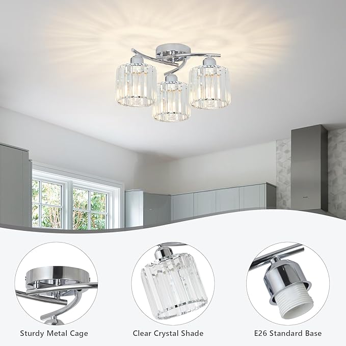 Crystal Close to Ceiling Light Fixtures,3-Light Chrome Modern Semi Flush Mount Ceiling Light,Kitchen Light Fixture with Clear Crystal Shades,Hallway Lighting Fixture for Entryway Bedroom Bathroom