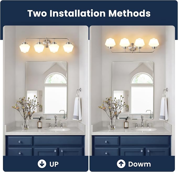 RUIYEY Bathroom Vanity Light Fixtures: 4-Lights Brushed Nickel Vintage Light Fixtures for Bathroom Above Mirror, Wall Lights Indoor with Frosted Milky Glass for Bath Bedroom
