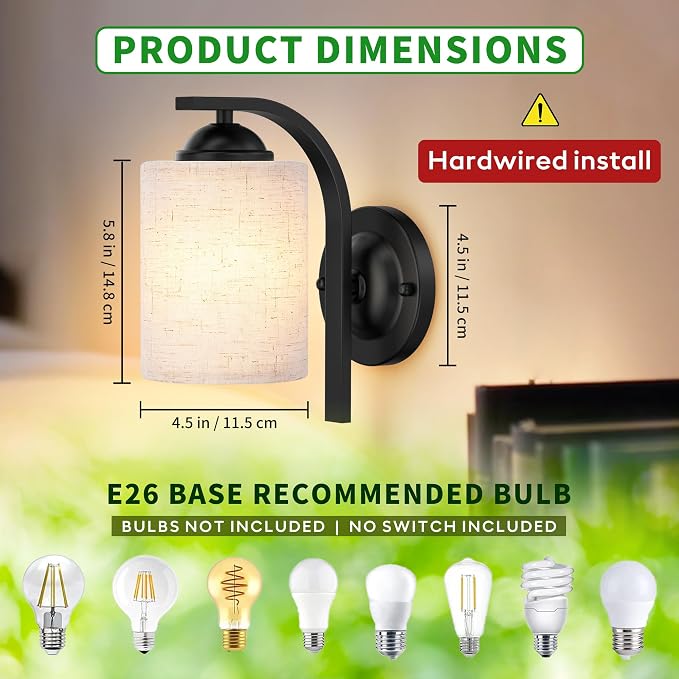 2-Pack Wall Sconces for Bedroom and Bathroom, Matte Black Farmhouse Wall Light Fixtures with Fabric Shade, Modern Vanity Wall Lamps for Living Room, Hallway, Kitchen