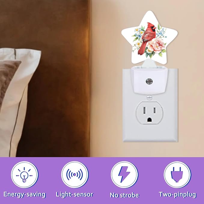 Night Lights Plug Into Wall Decorative,Red Cardinal Bird Nightlights for Kids Bedroom, Spring Flowers Energy Efficient Dusk-to-Dawn Sensor Sleep Friendly Lamp for Nursery Bathroom