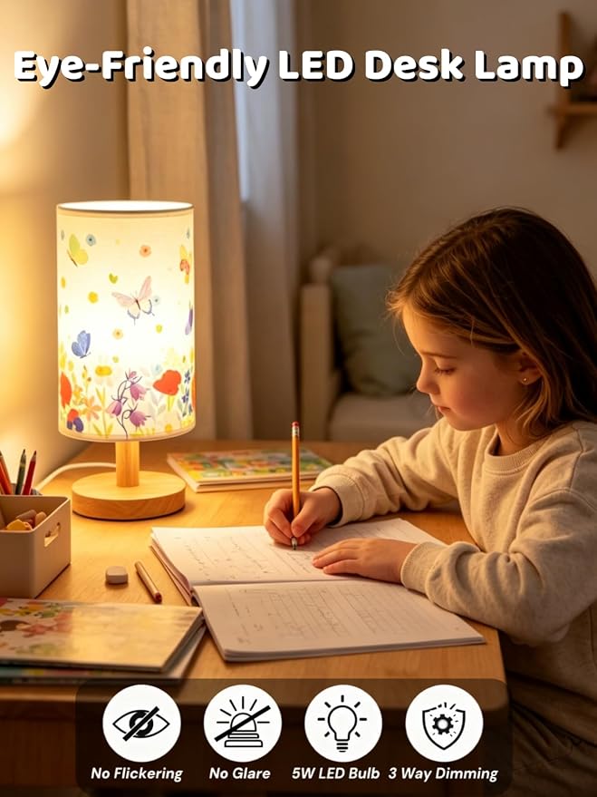 Butterfly Kids Table Lamp for Bedroom Girls Flower Bedside Lamps-3 Colors Nightstand Night Light with Butterfly&Flowers Lampshade Desk Lamp for Boy Girls Room Home Decor,Butterfly Gift for Girl