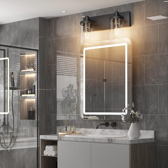 Aipsun Black Bathroom Light Fixtures Vintage Vanity Light for Bathroom Industrial Wall Sconce with Clear Glass Shade(Exclude Bulb)