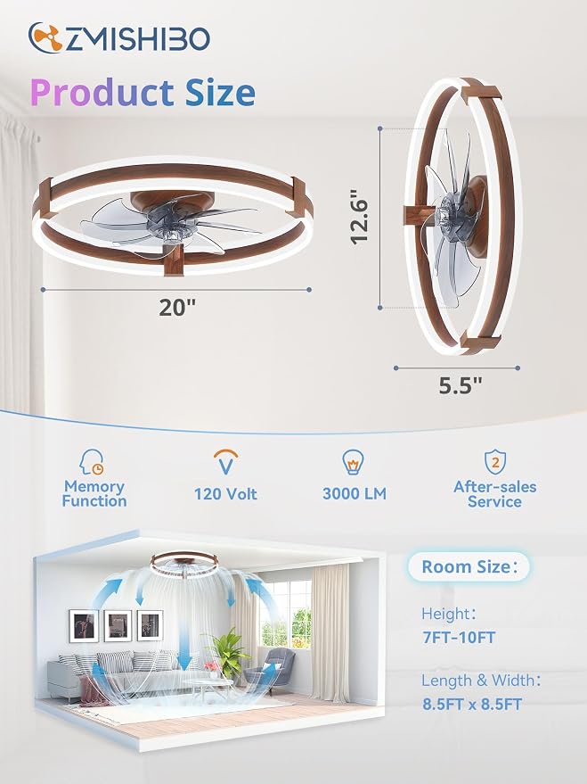 ZMISHIBO 20" RGB Low Profile Ceiling Fans with Lights and Remote, Walnut | Custom RGB+3CCT Dimmable, 6 Speeds, Remote/App Control, Reversible DC Motor, Memory, Timer, Modern Fandelier for Kids/Bedroom