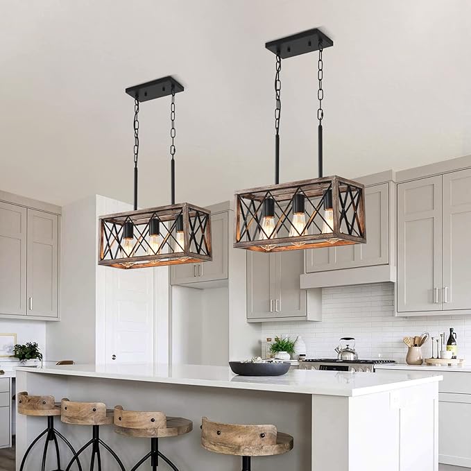 KEESFU 3-Light Farmhouse Light Fixtures, Dining Room Light Fixture | Farmhouse Kitchen Light Fixtures for Kitchen Island, Over Sink & Dining Table; Adjustable Height, Wood Grain Color;E26 Base