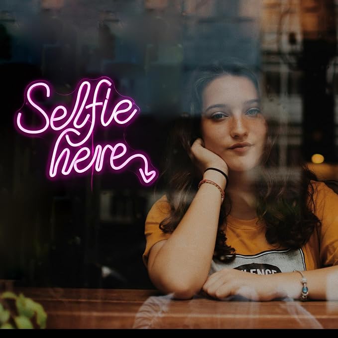 Selfie Here Neon Sign Dimmable Pink Words Light Up Sign for Wall Decor Selfie Led Neon Light for Selfie Station Photo Studio Bedroom