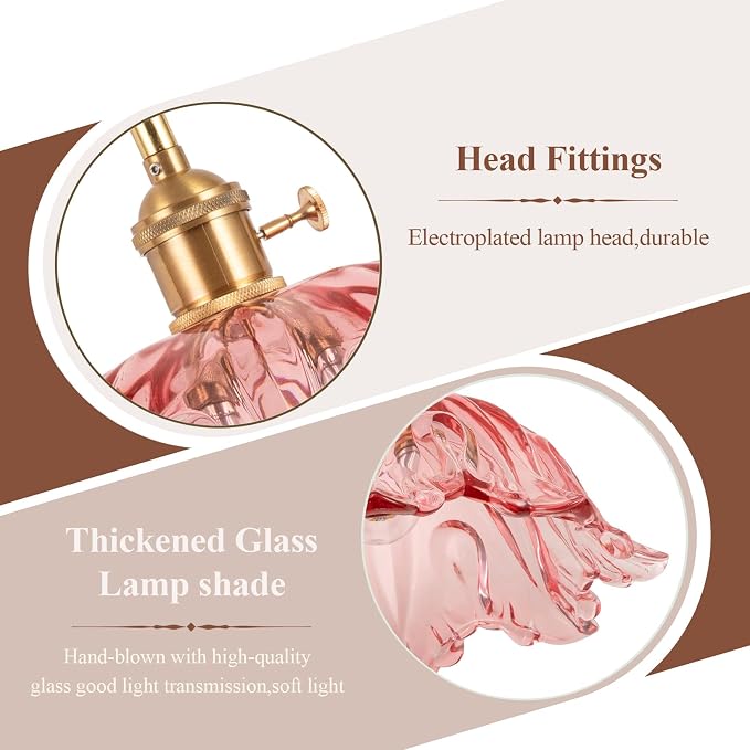 Plug in Pendant Light Fixtures,Hanging Light Fixture Corded On/Off Switch,10.6in E26 Pink Glass Lampshade Pendant Lighting for Kitchen Island, Bedroom, Dining Room