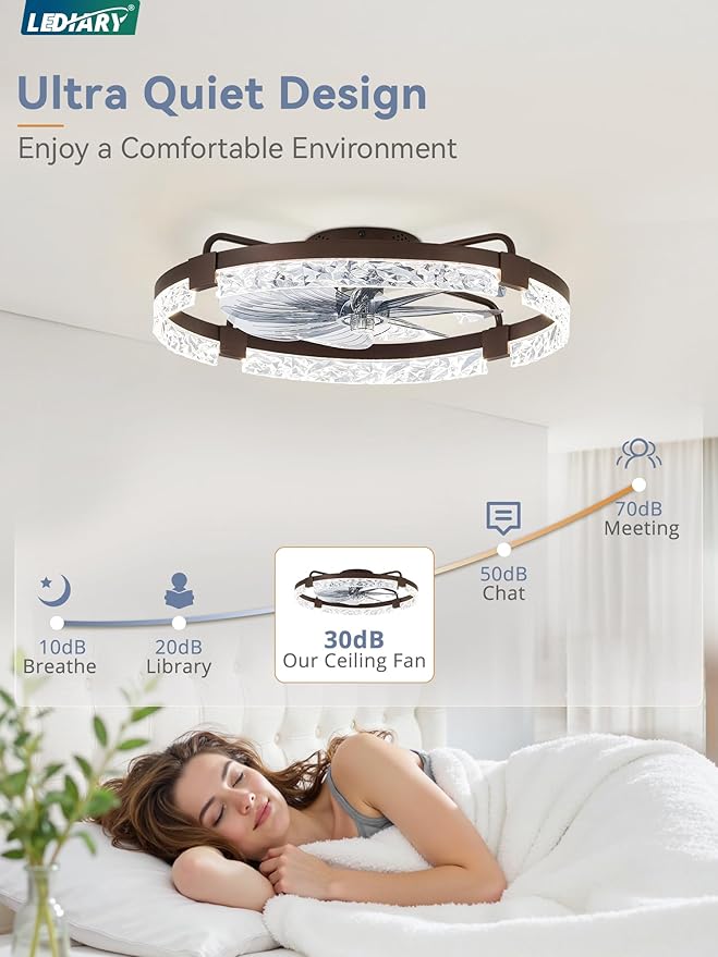 LEDIARY 2 Pack 24 Inch Low Profile Ceiling Fans with Lights and Remote, Fandelier Modern Ceiling Fan, 3000K-6000K Dimmable LED Fan Light, Brown Flush Mount Ceiling Fans with Lights for Bedroom