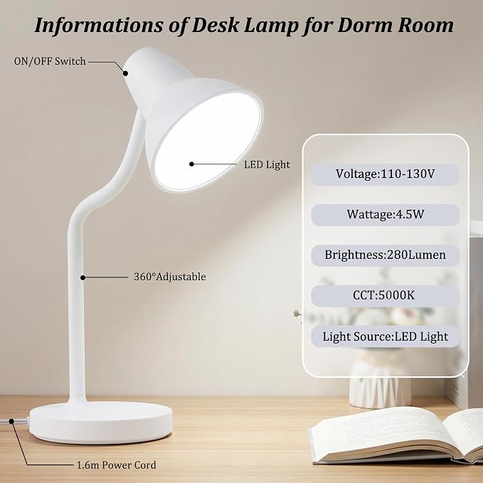 LED Desk Lamps for Home Office, Flexible Gooseneck Eye-Caring Study Lamps | Energy-Saving Desk Light, Anti-tip Heavy Duty Bedside Reading Light, Desk Lamps for College Dorm, Home Office, with 1.6m Cord