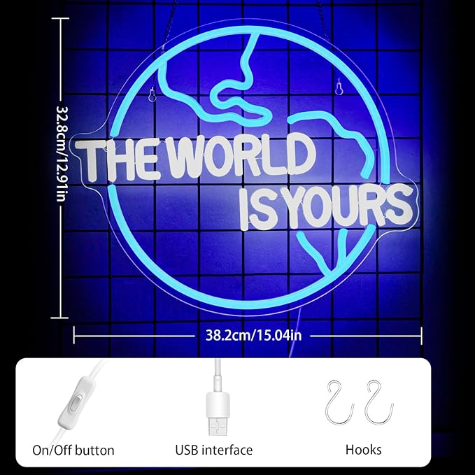 The World Is Yours Neon Sign Bedroom Led Wall Decor Kids Game Club for Man Cave Hanging Neon Lights for Office Graduation Party Birthday Gifts