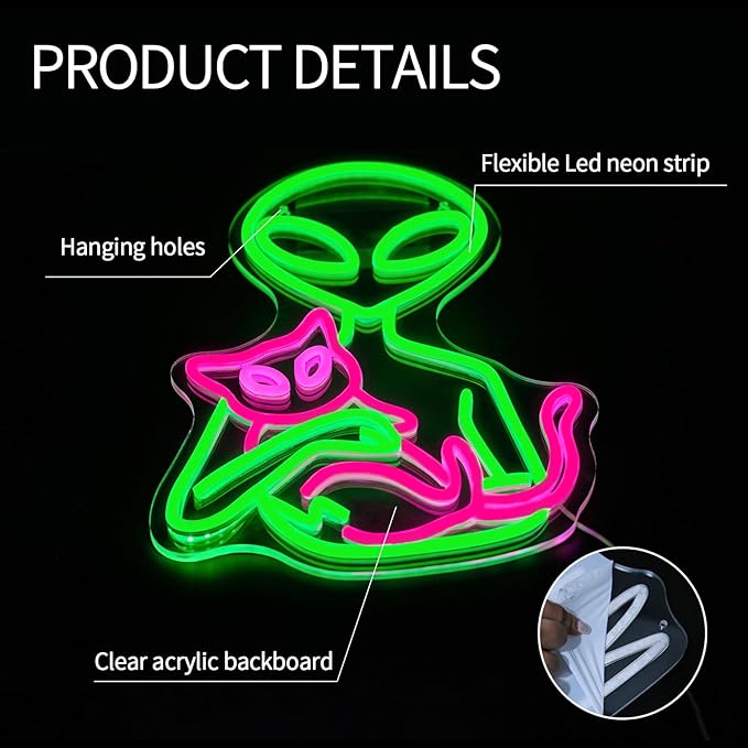 Alien Neon Sign for Wall Decor Dimmable Aliens Cat Led Lights Signs for Bedroom Green Neon Light for Game Room Man Cave Bedroom Party Decoration Gift for Kids Boys