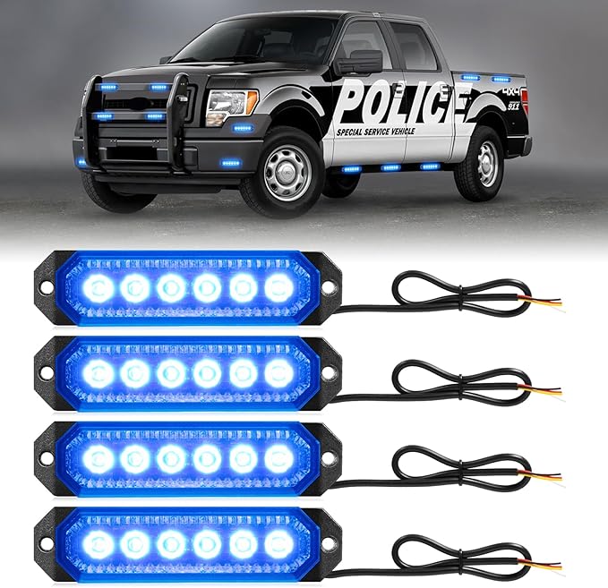 HLauto 406T Emergency Strobe Grille Lights: 4Pcs 6 LED Sync Feature Safety Warning Flashing Light, 12V-24V Ultra Slim Surface Mount Hazard Caution Light for Truck, Vehicle, Car, ATV, UTV (Blue)