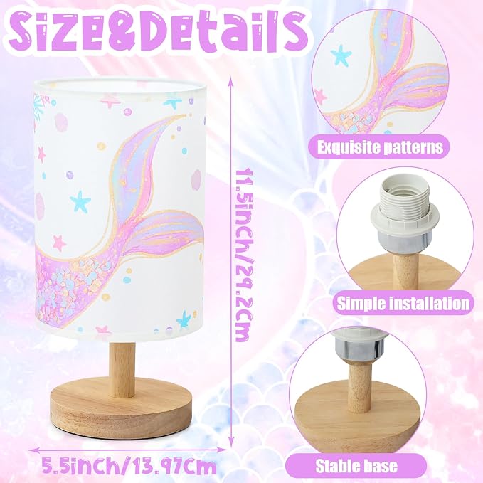 Mermaid Table Lamp for Kids Bedroom - Mermaid Tail Pastel Kids Bedside Lamp with Linen Wooden Nightstand Nursery Lampshade for Girls Room Decor