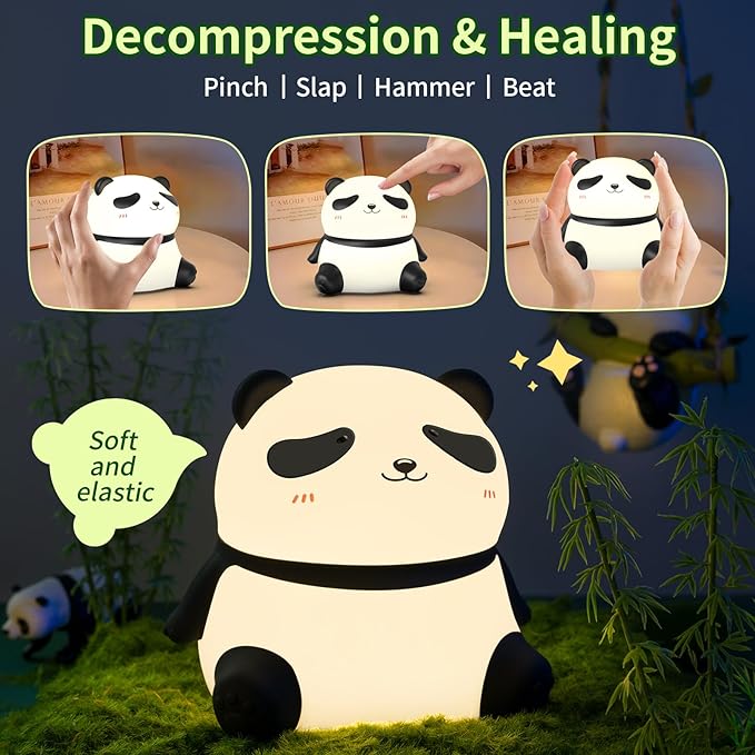 Panda Night Light, Squishy Light for Kids, LED Cute Toddler Night Light for Kids Room, 3 Level Dimmable Nursery Nightlights for Breastfeeding, Silicone Animal Night Lamp for Bedroom, Kawaii Room Decor