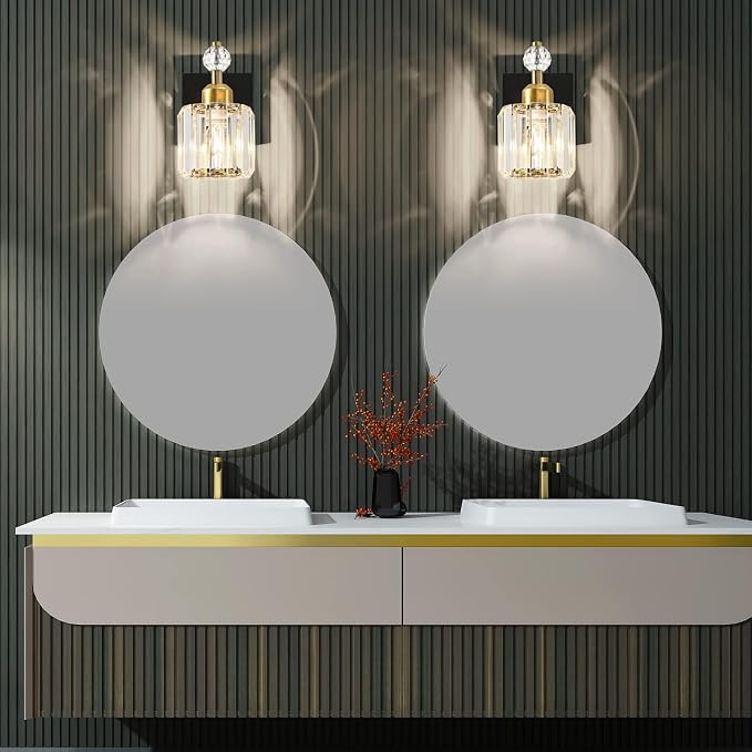 PRESDE 1-Light Bathroom Vanity Light, Modern Black and Gold Wall Sconce with Crystal Shade, Single Wall Lamp for Over Mirror Bedroom Hallway
