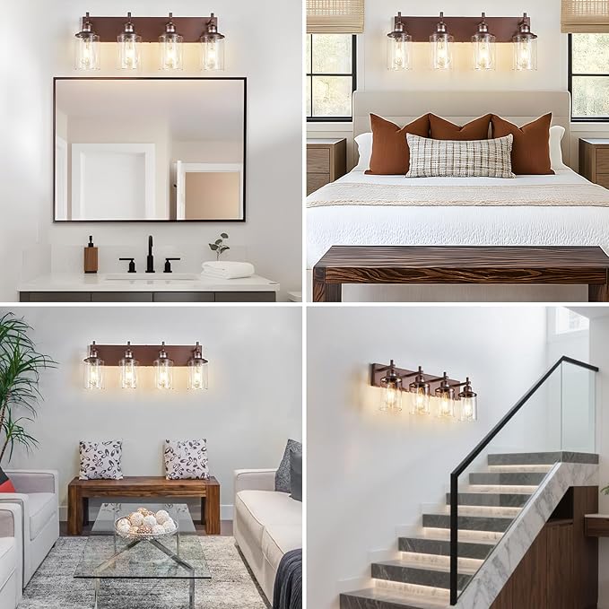 4-Light Bronze Bathroom Light Fixtures Over Mirror, Modern Bathroom Vanity Light with Clear Glass Shade, Wall Sconce for Bathroom Hallway Cabinet Bedroom