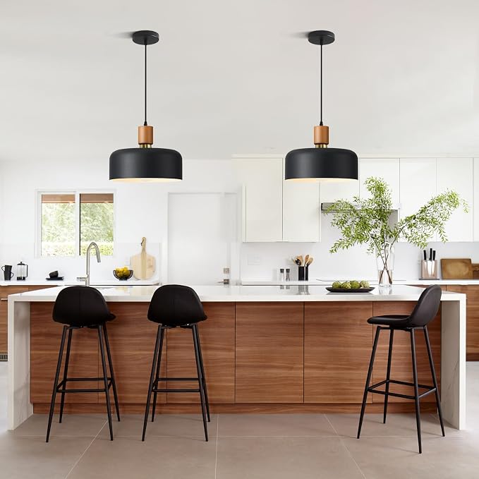11.6" Black Pendant Light, Walnut Oak Wood & Brass Metal Drum Shade