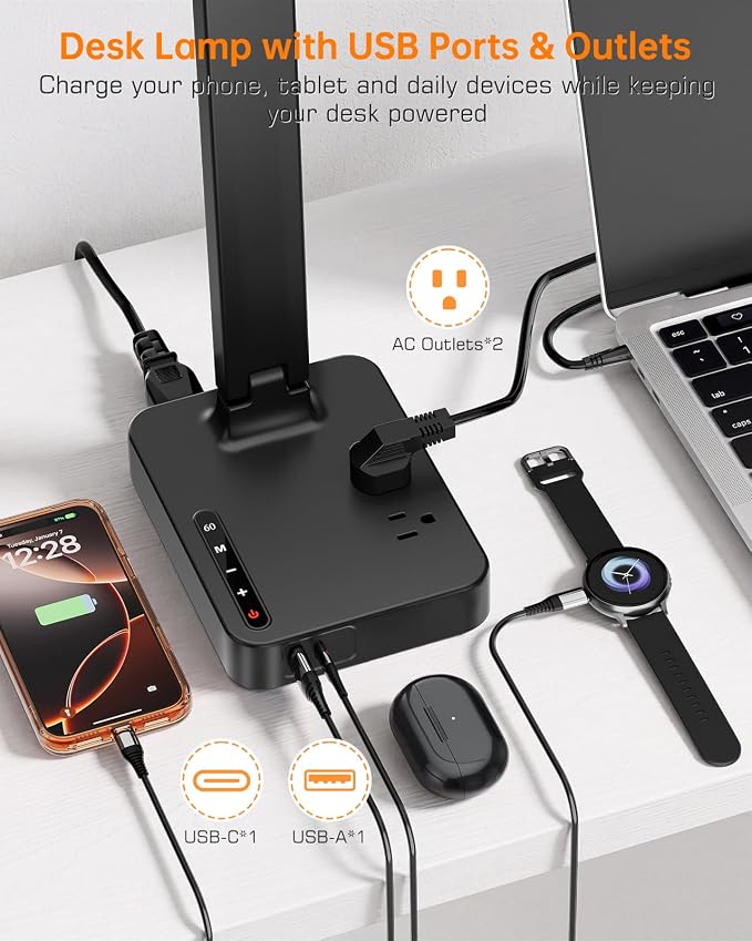 LED Desk Lamp for Dorm Office, USB-C & 2 AC Outlets Charging, Black | LED Desk Lamps for Home Office with 2 USB Charging Ports(1 USB-C), 2 AC Outlets, Foldable Small Desk Lamp for Study Reading