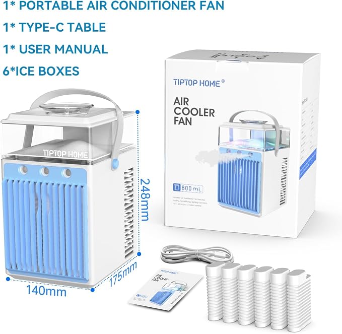 Portable Air Conditioners: 5 in 1 Mini AC Fan with 800ML Water Tank App Control Evaporative USB Powered Rechargeable Personal Cooling for Bedroom Night Light Office Desk Camping Tent Car