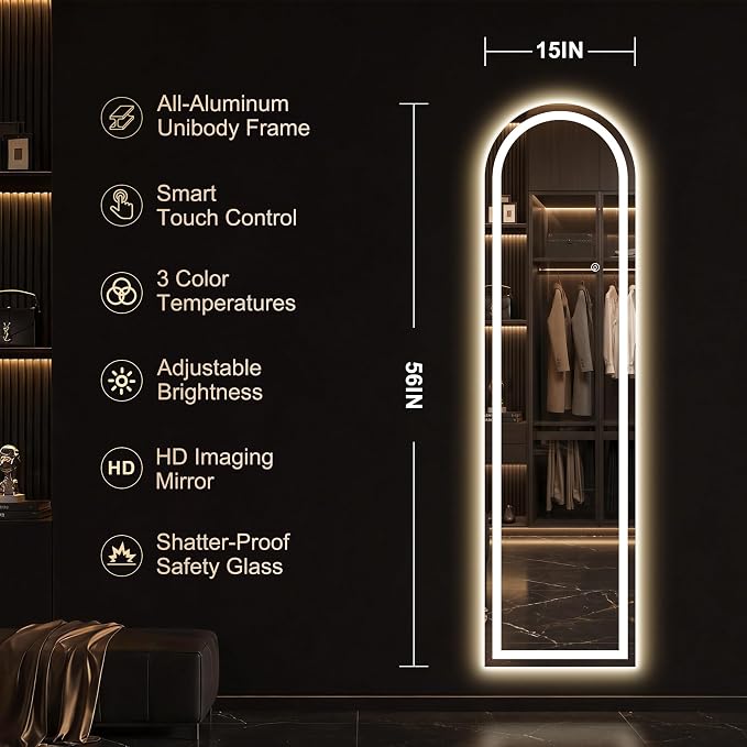LED Arched Full Length Mirror, 56"x16" Full Body Mirror with Lights, Dimmable & 3 Color Lighting, Standing/Leaning/Wall Mounted Vanity Mirror for Bedroom, Dressing Room, Living Room