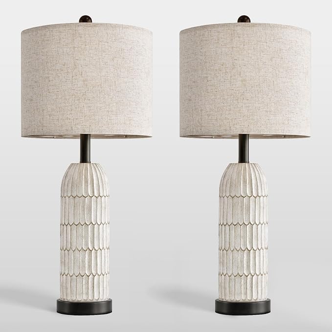 26.5" Bedside Table Lamps Set of 2, Farmhouse Table Lamp with USB A+C Charging Ports,Vintage Nightstand Lamp for Bedrooms and Living Rooms, Retro Resin End Table Lamp with Linen Shade,Black