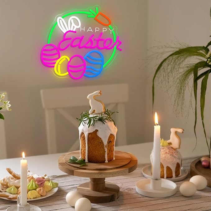 LISIGNVE Easter Neon Sign for Wall Decor Happy Easter Neon Lights with Cute Bunny Eggs LED Rabbit Carrot Light Signs for Bedroom Party Home Bar