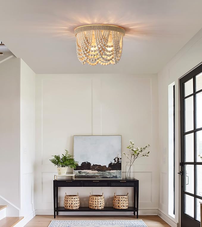 AMZASA Wood Beaded Flush Mount Ceiling Light Farmhouse Rustic Small Boho Chandelier Light Fixture for Bedroom Hallway Entryway Closet Kitchen Dining Room Living Room Nursery 3-Lights