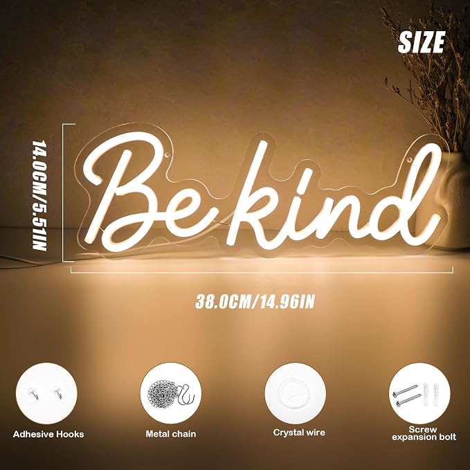 Be Kind Neon Sign Dimmable Classroom Neon Sign Warm White Wall Decor | USB Powered LED Be Kind Light for Bedroom Kids Room Dorm Office Bookstore Boutique and Shop Decoration Teen Room Study Space