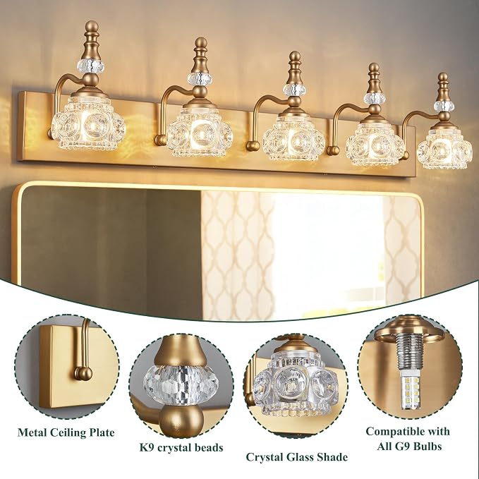 Modern Glass Crystal Vanity Light - Vintage Bathroom Lighting Fixtures Over Mirror, 5 Light Vanity Lights G9 Bulb (35.43 Inch,Brass)