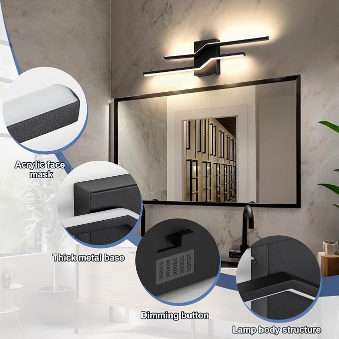 24 Inch Vanity Light for Bathroom Lighting Fixtures Over Mirror Black Dimmable 5CCT 24W Modern Bath Vanity Lights Bar Wall Sconces