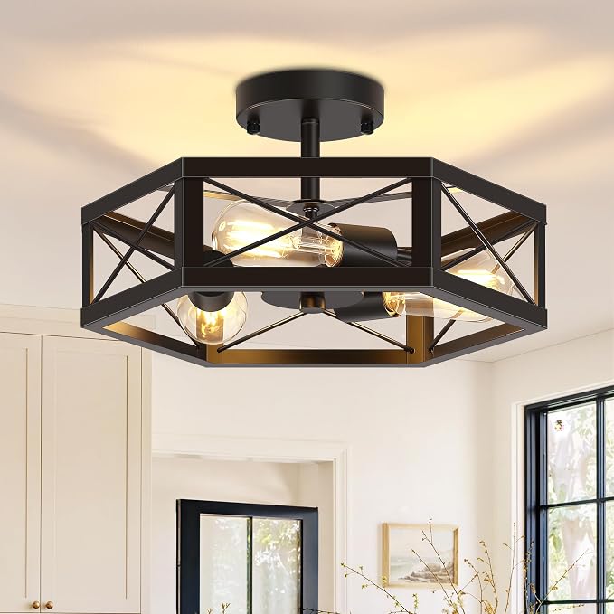 3-Light Semi Flush Mount Ceiling Light, Kitchen Lighting Fixtures Ceiling, Black Dining Room Light Fixtures, Farmhouse Close to Ceiling Lights with Hexagon Cage for Bedroom Hallway Foyer