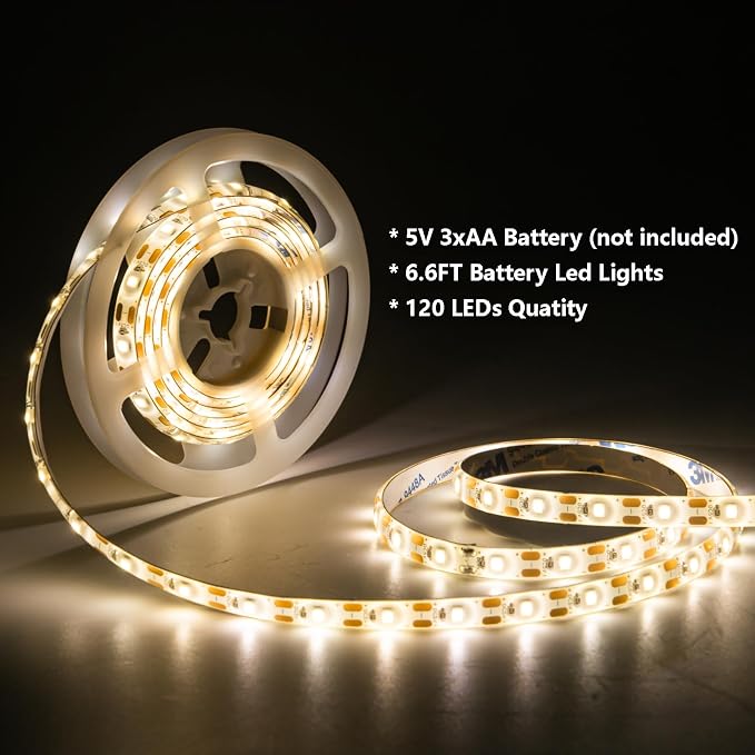 Battery Powered Led Strip Lights,6.56FT 120Led Battery led Strip Lights for Remote,Blinking,Dimmable,Timer,Cuttable,for Indoor Outdoor TV Table Boat Kitchen Christmas,Waterproof（Warm White）