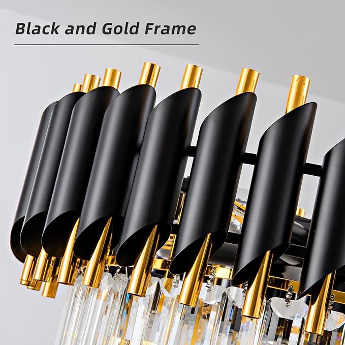 Modern Crystal Chandeliers 6 Tiers for Dining Room 16-Light Black and Gold Chandelier Living Room Round Contemporary Ceiling Hanging Light Pendant Light Fixture for Entryway Foyer Staircase