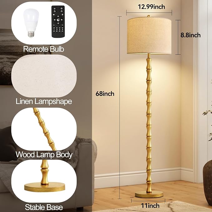 ILLMTW Gold Floor Lamp for Living Room,Bedroom,Mid Century Standing Lamp with Remote Dimmable,Vintage Tall Lamp Farmhouse Industrial Rustic Retro Floor Light Boho Bohemian