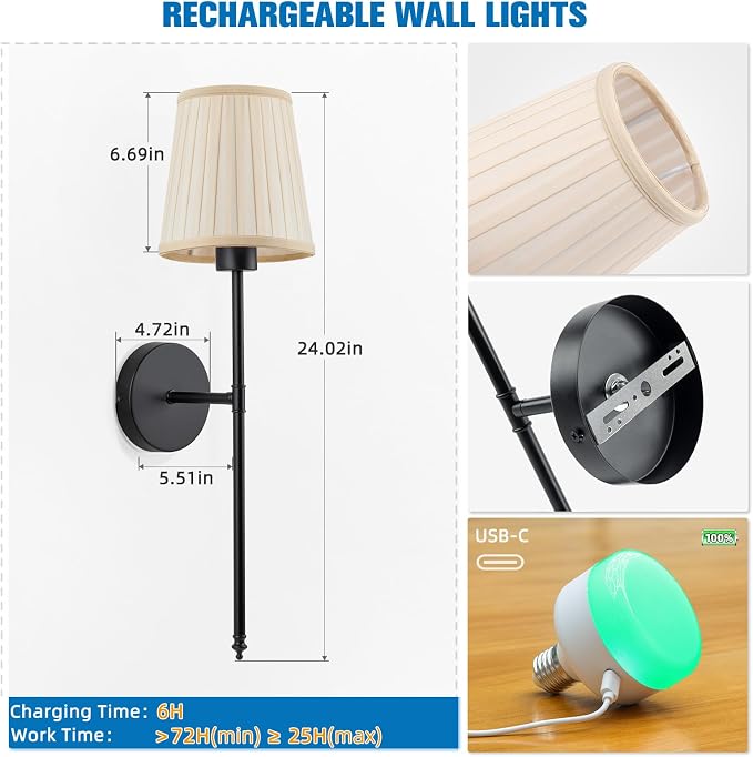 Battery Operated Wall Sconce Set of 2,Beige-Black Rechargeable Wall Lights with 10400mAh Dimmable Bulbs and Remote, 9 Colors Wireless Wall Lamps for Bedroom Living Room Hallway