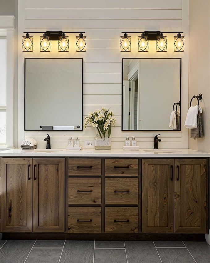 4-Light Black Bathroom Light Fixtures, 29 Inch Modern Bathroom Vanity Lighting Fixtures Over Mirror with Clear Glass and Metal Cage Wall Sconce Lights for Bath, E26, CH9176BK-4W