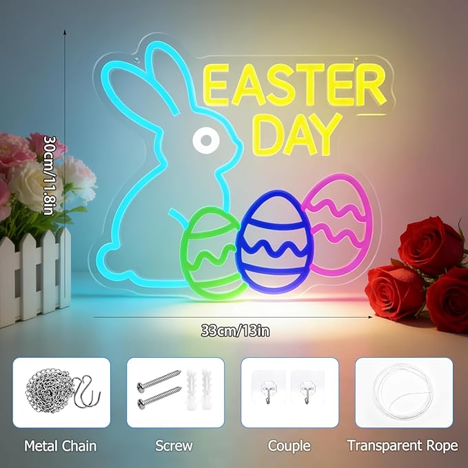 Easter Neon Sign Bunny Led Sign Egg Lights for Wall Decor Dimmable Happy Easter Rabbit Sign Decor for Party Door Window Easters Gifts for Kids