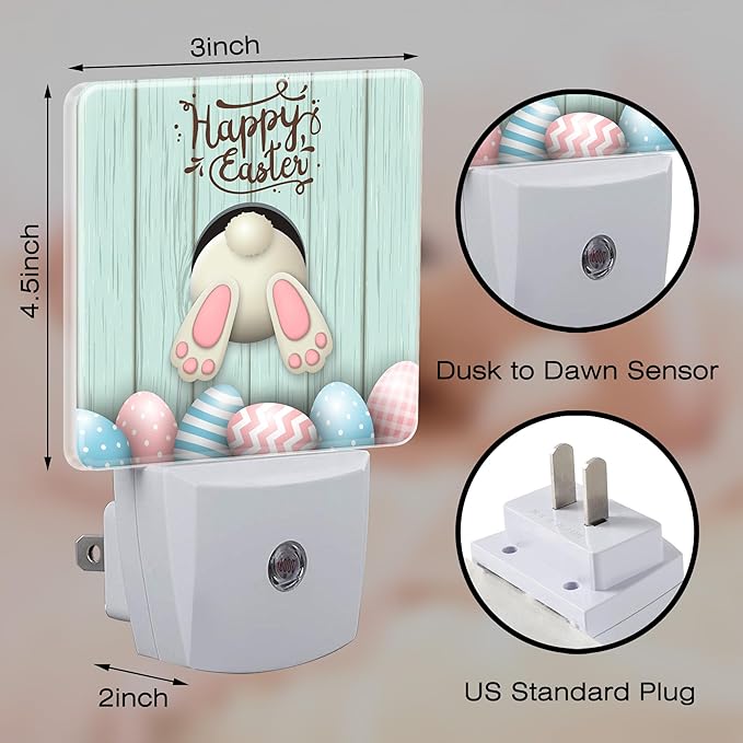 Happy Easter Night Light Plug into Wall,Easter Bunny and Colorful Eggs Dusk to Dawn Night Light,0.5w Energy Saving Sleep Friendly Nightlights for Kids Boys Girls Home Decor