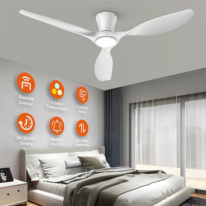 TALOYA 52 Inch Smart Ceiling Fans with Lights Led Remote Control Flush Mount Low Profile for Bedroom Farmhouse Patio Outdoor Living Room Kitchen Dining Room,DC Motor,Reversible,White