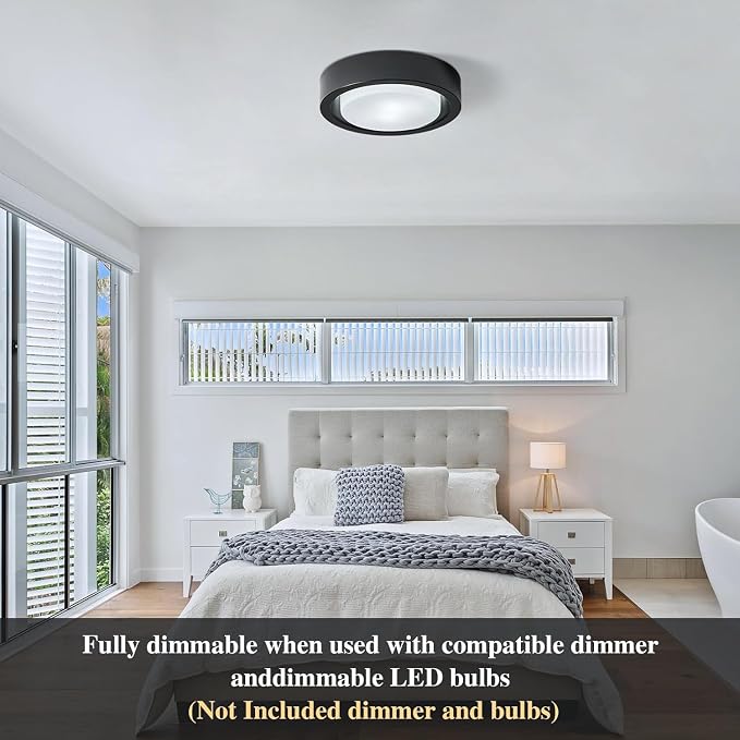 Black Flush Mount Ceiling Light,13 Inch Matte Black Ceiling Lighting Fixture,2-Light Modern Round Metal Lamp with White Frosted Glass Shade for Hallway Bedroom Closet Outdoor