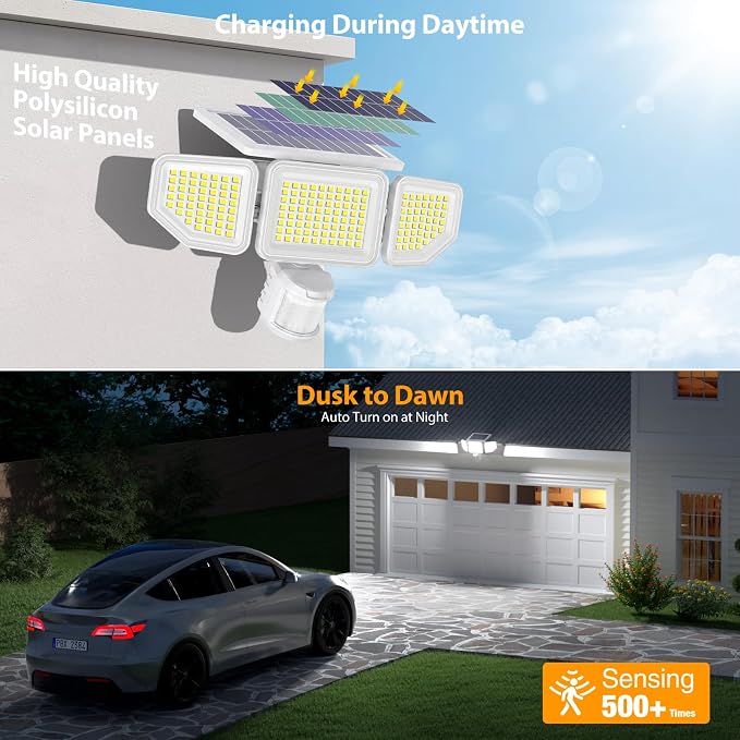 Onforu 4500LM Solar Lights Outdoor, 3 Heads Security Lights with Remote Control, IP65 Waterproof Motion Sensor Lights, 3 Modes Flood Lights for Wall, Porch, Yard, Outside, 2 Pack, White