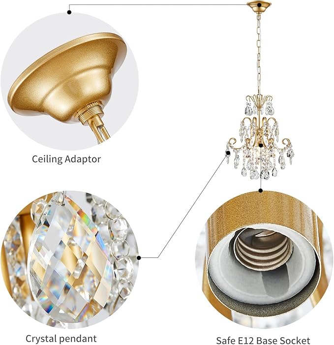 WUZUPS Crystal Chandelier 1-Light Pendant Ceiling Light Modern Lighting Fixture for Bedroom Hallway Bar Kitchen Bathroom, H 15.7" x W 13.8", E12 Base, Gold
