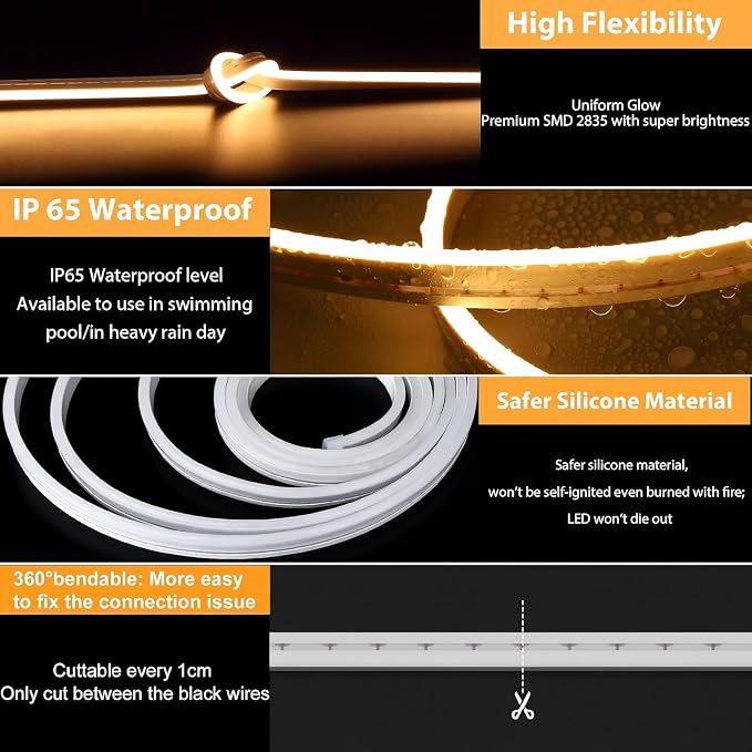 Lamomo Warm White Led Strip Lights 32.8Ft, 2 Roll Neon Rope Strip 0.39In/Cut, 12V Flex Waterproof Silicone DIY Neon Sign for Kitchen Bedroom Commercial Decor, 6mm Width（Power Adapter not Included）